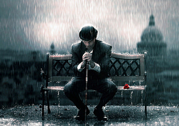Rain, rose, bench, man HD wallpaper