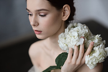 Beauty, model, white, irina telichevs, flower, face, girl, dmitry levykin, woman HD wallpaper