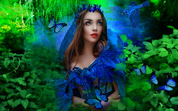 Lady Of The Lake, girl, water, lake, colorful, blue, vibrant, bird, butterflies, lady, vivid, green, bright, bold HD wallpaper