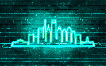 Philadelphia turquoise neon silhouette, , turquoise neon lights, Philadelphia skyline silhouette, turquoise brickwall, american cities, neon skyline silhouettes, USA, Philadelphia silhouette, Philadelphia HD wallpaper