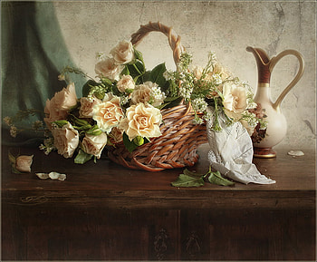 Still life, roses, petals leaves, wonderful, curtain, beauty, basket, flowers, cloth HD wallpaper
