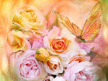 Butterfly, artwork, painting, blossoms, flowers, insect HD wallpaper