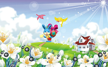 Easter Time, bunny, Easter, house, sky, flowers HD wallpaper