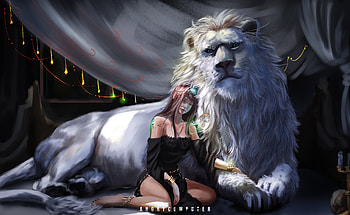 Beauty and the beast, frumusete, angrycomputer studios, fantasy, art, luminos, girl, lion HD wallpaper