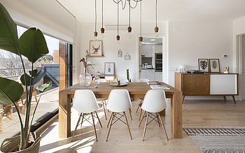 modern interior design, dining room, stylish design, dining room project, large wood dining table, white walls in the dining room HD wallpaper