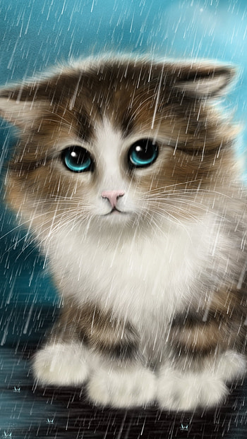 Cute Kitten in the Rain, rain, blue eyes, kitten, painting, Animal, cat HD phone wallpaper