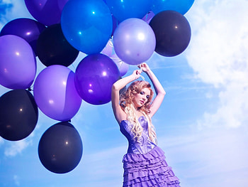 Happy Day!, blue, purple, pink, model, birtay, girl, balloon, woman HD wallpaper