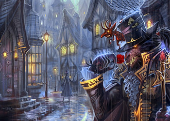 Hunter And Werewolf, fantasy, town, hunter, werewolf HD wallpaper