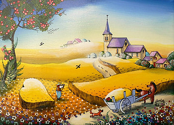 Landscape, painting, art, flower, church, hill, village HD wallpaper