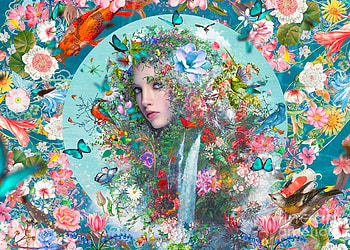 Summer spirit, fantasy, mgl, mglart, face, girl, meiklejohn, blue, frumusete, pink, flower, red HD wallpaper