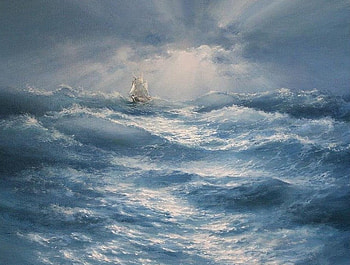 Journey to Hell and Back, blue, boat, sea, white, sunlight, sails, rough, waves, ocean HD wallpaper