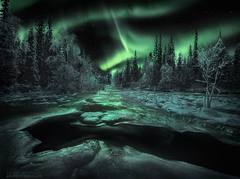 Northern lights over winter landscape, Winter, Sky, Trees, Snow, Water, Night HD wallpaper