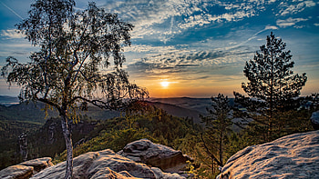 Amazing Sunset, sky, mountains, rocks, clouds, trees, sun HD wallpaper