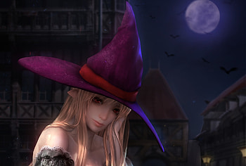 Witch, night, piledriver, girl, purple, halloween, moon, fantasy, luna, luminos, hat HD wallpaper