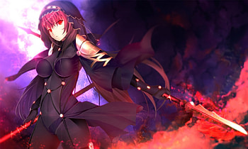 Lancer, sweet, black, sword, cute, girl, red hair, beautiful, long hair, dress, beauty, anime, pretty, red, lovely, fantasy woman HD wallpaper