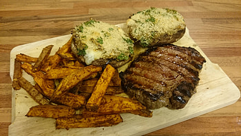 Steak, Stuffed mushrooms, Sweet potato fries, Dinner time HD wallpaper