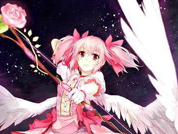 Madoka magica, wings, white, archer, kyuriin, girl, angel, rose, anime, kaname, manga HD wallpaper