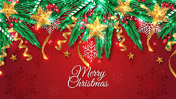 Christmas Tree Branches Golden Glitter Stars Snowflakes Ornaments Red Background Christmas HD wallpaper