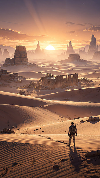 Wanderer at Desert Sunset — , Sand Dune, Ruin HD phone wallpaper