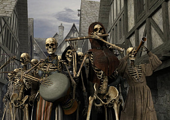 All Hallows Eve, buildings, skeletons, music, fantasy, bricks, instruments HD wallpaper