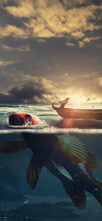 Surreal , Fishing boat, Sea sunrise, Underwater fantasy HD phone wallpaper