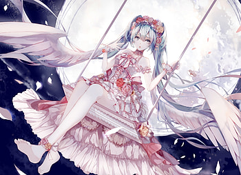 Moon Angel, nice, feather, wing, cg, hatsune, female, sweet, hatsune miku, twintail, blue hair, girl, swing, anime girl, anime, pretty, twin tail, lovely, angel, vocaloid, twin tails, dress, long hair, miku hatsune, beauty, miku, moon, vocaloids, twintails, , ir, wings, beautiful, gown HD wallpaper