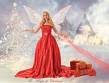 Magical Christmas, wings, winter, orchidea, craciun, girl, fairy, fantasy, red, luminos HD wallpaper