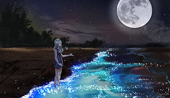 Anime Girl At Seashore Dark Moon, anime-girl, anime, artist, artwork, digital-art HD wallpaper