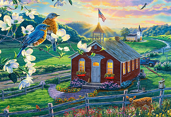 School Days, blossoms, house, artwork, birds, painting, landscape, church HD wallpaper