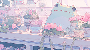 Frog Desk, kawaii, frog, AI Art, pastel HD wallpaper