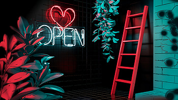 Vibrant Neon Dream: Ultra, neon sign, ladder, plant HD wallpaper