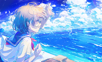 A Girl Gazes Across the Endless Blue, ocean, girl, Anime, school uniform, blue, anime girl, blue anime HD wallpaper
