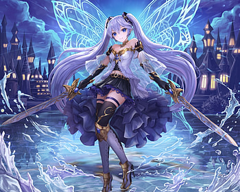 Hatsune Miku, blue, wings, lunacle, sword, girl, fairy, anime, fantasy, luminos, manga HD wallpaper