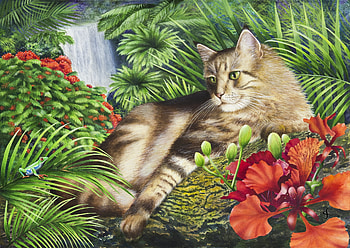 Cat, summer, pisici, green, red, flower, jungle, vara HD wallpaper