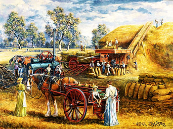 Harvesters, artwork, straw, horse, painting, autumn, people, cart HD wallpaper