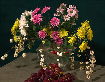 still life, color, graphy, vase, peaceful, beautiful, fruit, flowers, graphic, flower bouquet HD wallpaper