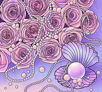 Pearls and roses, flower, harsh taggar, trandafir, blue, art, necklace, rose, shell, summer, pink, pearl, vara HD wallpaper