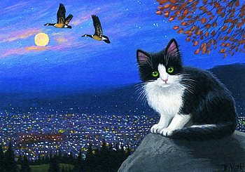 Citylights For Cierra, artwork, ducks, painting, moon, cat, evening HD wallpaper