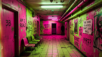 Weirdcore - Neon Hall of Lost Signs, Hallway, Graffiti, Neon, Abandoned HD wallpaper