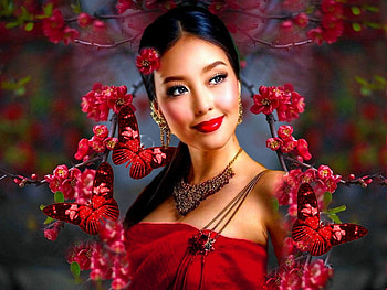 Delicate Red, black, vivid, red, bright, bold, girl, flowers, colorful, vibrant, butterflies HD wallpaper