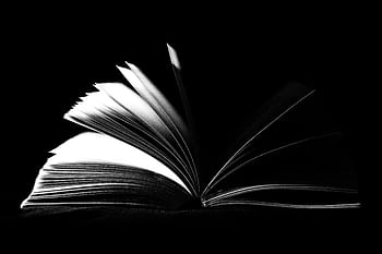 A striking black and white of an open book with pages fanned out against a dark background. HD wallpaper