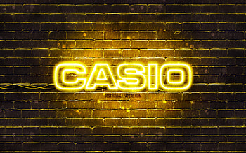 Casio yellow logo, , yellow brickwall, Casio logo, brands, Casio neon logo, Casio HD wallpaper