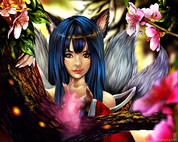 Ahri, art, girl, fox, pink, flower, league of legends, game, tigrsasha, nine tails HD wallpaper