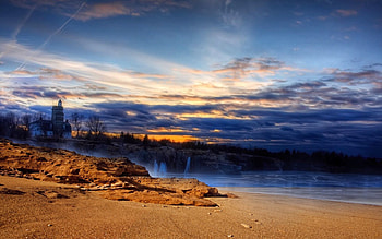 Nature, Sky, Sea, Beach, Sand, House, Illumination, Evening, Lighting HD wallpaper