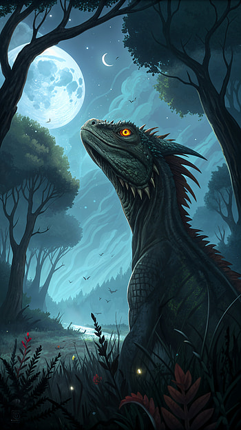 Basilisk: Enchanted Night for Your , fantasy, dinosaur, moonlight, forest HD phone wallpaper