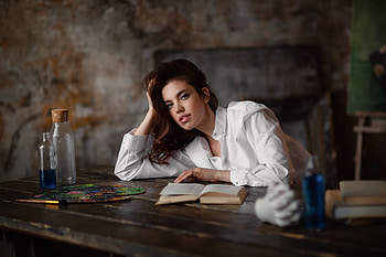 White shirt woman model reading HD wallpaper