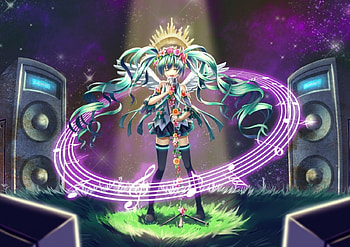 Listen To My Song, ponytails, hatsune miku, blue hair, grass, vocaloid, anime, flowers, micro, music notes HD wallpaper