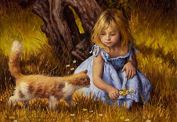 Center Of Attention, painting, meadow, girl, cat, flowers HD wallpaper
