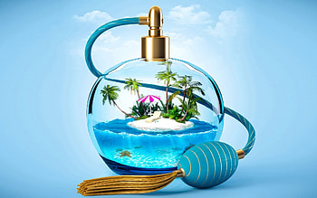 Tropical island in a purfume bottle, Sumner, Paradise, Art, Travel, Beach, Glass, Blue HD wallpaper
