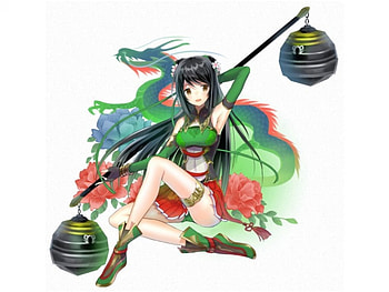 Lady Dragon, peonies, cute, floral, oriental, long hair, pole, flower, dragon, female, blossom, plain, sexy, white, hot, peony, chinese, girl, cheongsam, anime girl, simple, anime, green, green hair, lantern HD wallpaper